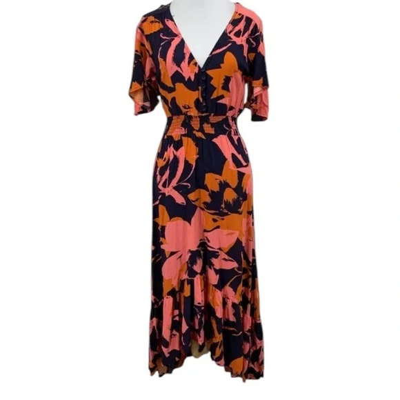 Abel The Label Clare Combo Maxi Dress Flutter Sleeve Smocked Pleated Small - Picture 5 of 13